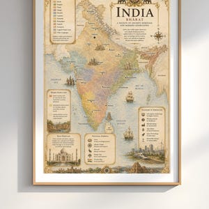 May include: A framed map of India, labelled "India Bharat: A Nation of Ancient Heritage and Modern Aspirations." The map shows cities, bodies of water, and symbols. The map is in a gold frame, suitable for display in a home or office.