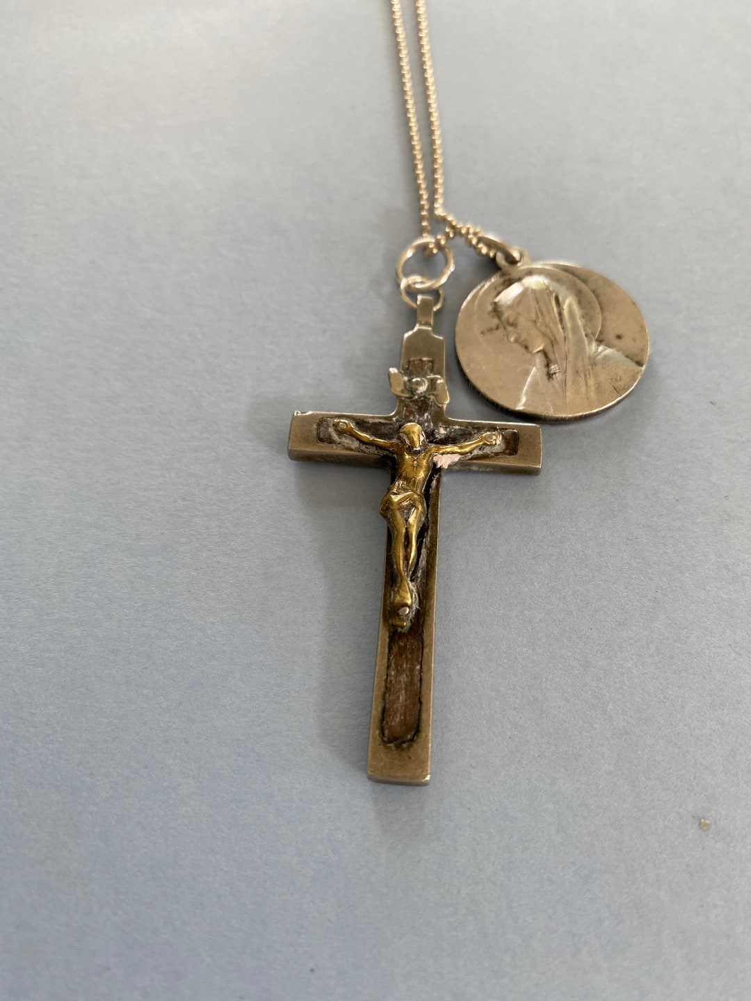 Religious Assemblage Necklace Antique Crucifix & Antique Our Lady of