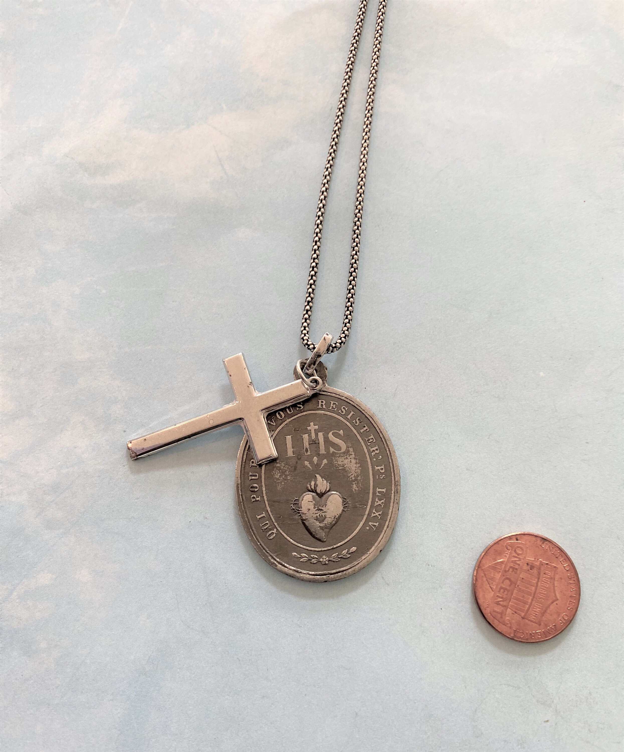 Antique Silver Large Sacred Heart of Jesus IHS Religious