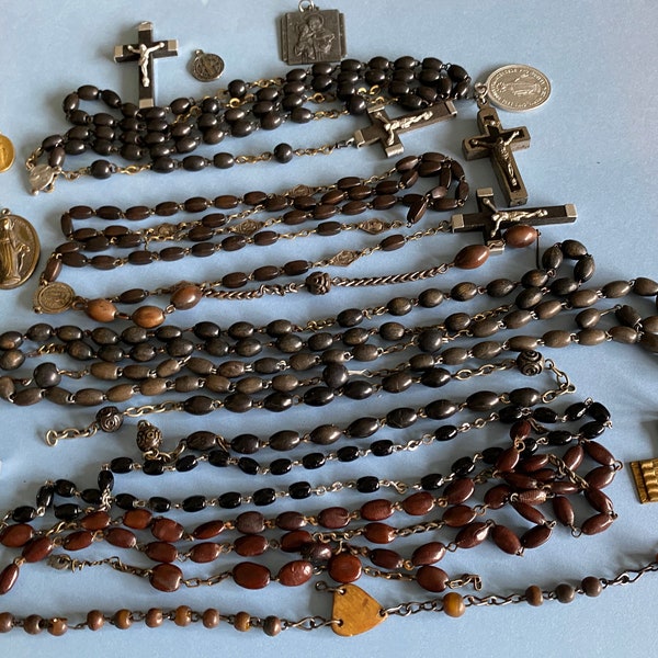 Broken Rosary Bead Lot - Religious Lot - Antique Rosaries - Crucifix - Religious Medals - Religious Jewelry