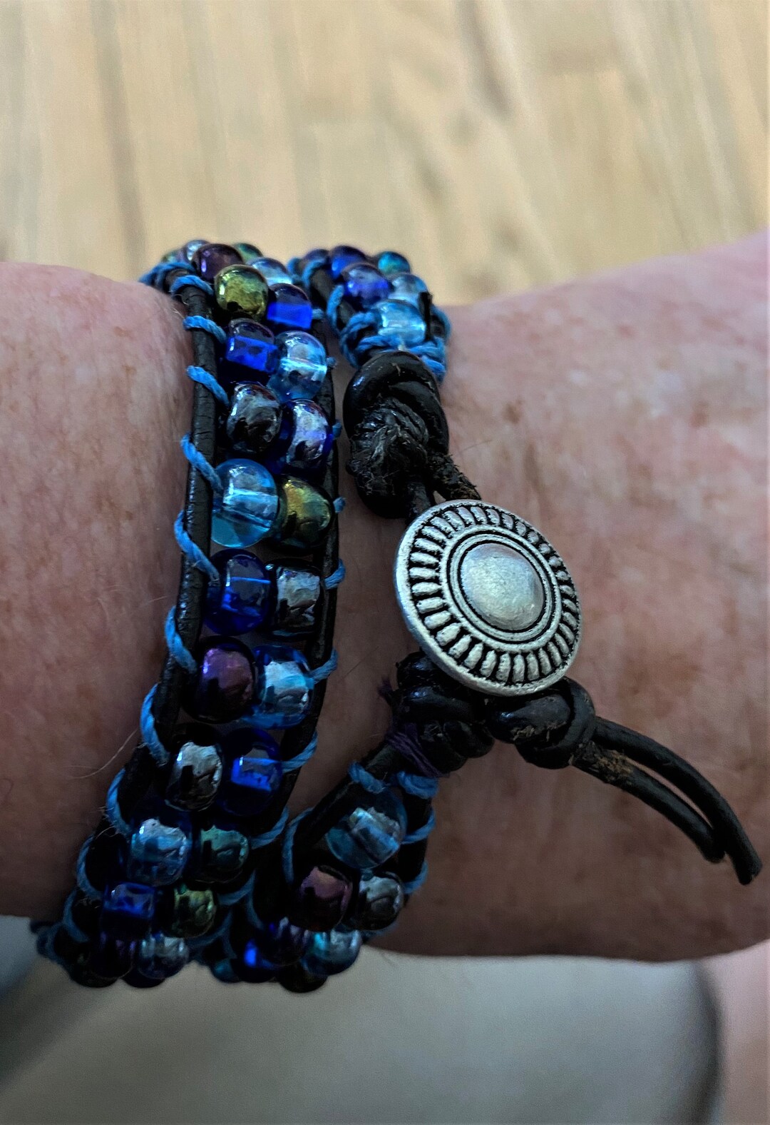 Multicolor Blue Leather Wrap Bracelet Denium Blue Glass Etsy