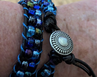 Multi-Color Blue Leather Wrap Bracelet - Denium Blue Glass Beads - Handmade Wrap Bracelet - Bo Ho Jewelry