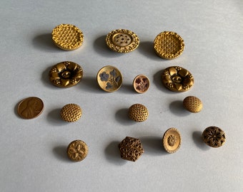Lot of 12 Antique Gold Buttons - Victorian Buttons - Decorative Buttons - Old Button Lot