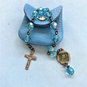 Virgin Mary One Decade Rosary with Leather Case -Antique Rosaries - Blue Enamel Virgin Mary - Religious Jewelry - Gifts