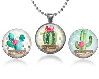 ArtClix® Magnetic Pendant Base - 18" Chain - and Three Interchangeable Inserts - with Free Shipping - Cactus Themed Inserts