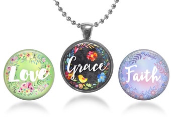 ArtClix® Magnetic Pendant Base - 18" Chain - and Three Interchangeable Inserts - with Free Shipping - Features Grace Love Faith Inserts