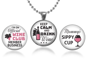 ArtClix® Magnetic Pendant Base - 18" Chain - and Three Interchangeable Inserts - with Free Shipping - Features Wine Themed Inserts Pictured