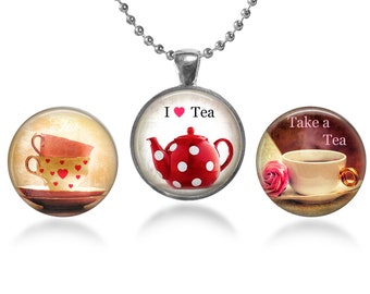 ArtClix® Magnetic Pendant Base - 18" Chain - and Three Interchangeable Inserts - with Free Shipping - I Love Tea Themed Inserts - Tea Pot