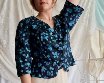 Vintage 1950s Engel-Fetzer Silk Floral Blazer | navy with blue and purple roses | Size M