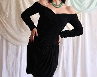Vintage 1980s Victor Costa Black Off-Shoulder Cocktail Dress | Size M