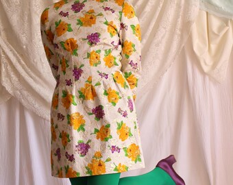 Vintage 70s Floral Jacquard Mini Dress | Parisian Mod, Size XS