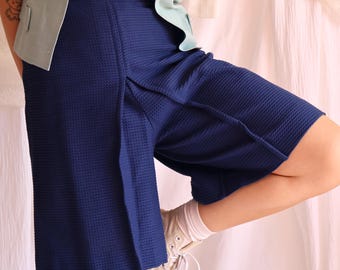 Vintage 1970s navy cotton waffle knit culottes | retro sporty chic | Size XS