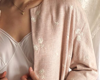 Vintage 1950s Pink Embroidered Open Front Coat | Size S