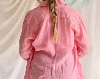 Vintage Italian 100% linen bubblegum pink long sleeve blouse | unisex chic riviera vacation beach button down shirt top | Size M