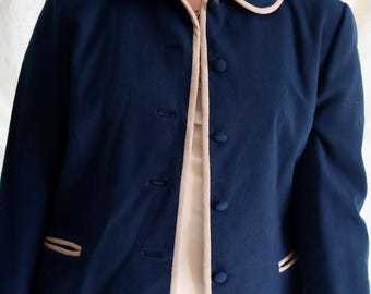 Vintage 1960s Dorothy Bullitt Wool Cropped Jacket | Navy Mod Blazer, Size S