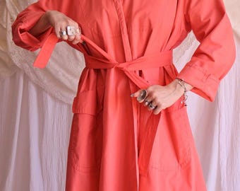 Vintage 1980s salmon pink long cotton trench coat smock