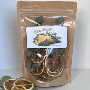 May include: A clear, resealable bag filled with dried orange slices, eucalyptus leaves, and herbs. A label on the front reads "Clean Breeze Simmer Pot Kit" with an illustration of oranges and greenery. The bag is made of brown paper.