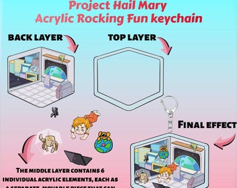 Llavero acrílico "Proyecto Ave María" con diseño divertido y mecedor.