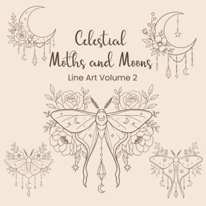 Puede incluir: Una colección de ilustraciones de líneas marrones sobre un fondo beige claro con el texto Celestial Moths and Moons Line Art Volume 2, rodeado de tres diseños de polillas, elementos florales, cristales colgantes y lunas crecientes.
