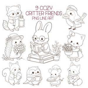 Peut inclure: Illustration en noir et blanc de neuf animaux confortables, dont un raton laveur avec une lanterne, un oiseau avec une lettre, un hérisson avec des fleurs, un lapin lisant, un chat avec des fleurs, un écureuil avec un gland, un hibou avec une tasse, une souris avec une tarte et un renard avec une tasse. Le texte indique "9 Cozy Critter Friends PNG Line Art."