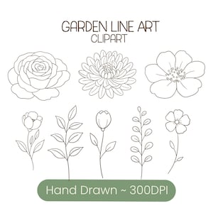 Op de afbeelding: Een verzameling illustraties van tuin-thema lijnkunst clipart. De afbeelding toont verschillende bloemen en bladeren, waaronder een roos, chrysant en andere bloemmotieven. Tekst bovenaan luidt "GARDEN LINE ART CLIPART". De tekst onderaan luidt "Hand Drawn ~ 300DPI".