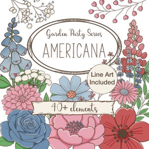 Puede incluir: Ilustración digital floral con una variedad de flores rosas, azules y rojas, que rodean el texto "Garden Party Series AMERICANA". La imagen también incluye el texto "Line Art Included" y "40+ elementos."