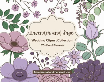 Clipart di matrimonio con lavanda e salvia, elementi floreali viola, immagini PNG romantiche per la sposa (uso commerciale)