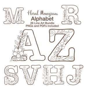 May include: A digital collection of brown line art letters featuring floral motifs. The text reads Floral Monogram Alphabet 26 Line Art Bundle PNGs and PDFs included. The letters M, R, A, Z, S, V, H, and J are displayed with intricate flower and leaf designs.