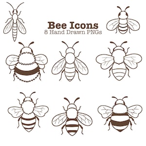 Bi-ikoner Clipart PNG | Humla, honungsbi, snickarbi handritad linjeteckning | 8 bi-PNG:er för Cricut, laser, broderi