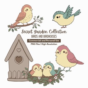 Op de afbeelding: Digitale illustratie met vogels en een vogelhuisje in roze, geel en blauw. De tekst luidt: 'Secret Garden Collection, Birds and Birdhouses' en 'PNG-bestanden | Hoge resolutie'.