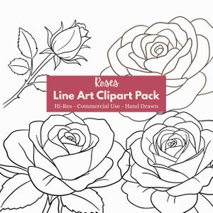 Könnte beinhalten: Schwarz-Weiß-Strichzeichnungen von Rosen in verschiedenen Blühstadien. Das Bild enthält eine Rosenknospe, eine voll erblühte Rose und eine Grafik mit dem Text "Roses Line Art Clipart Pack Hi-Res - Commercial Use - Hand Drawn."