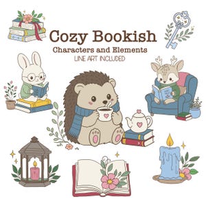 Può includere: Un set di illustrazioni digitali intitolato Cozy Bookish Characters and Elements Line Art Included che mostra un riccio con una tazza, un coniglio che legge su dei libri, un cervo in poltrona, una lanterna, una candela, una chiave e un libro aperto.