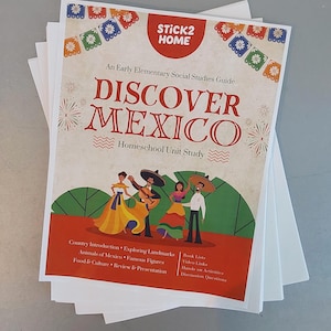 May include: A stack of white paper with a colorful cover featuring the text "DISCOVER MEXICO" and illustrations of people in traditional attire. The cover also includes the text "STICK2 HOME" and a list of topics.