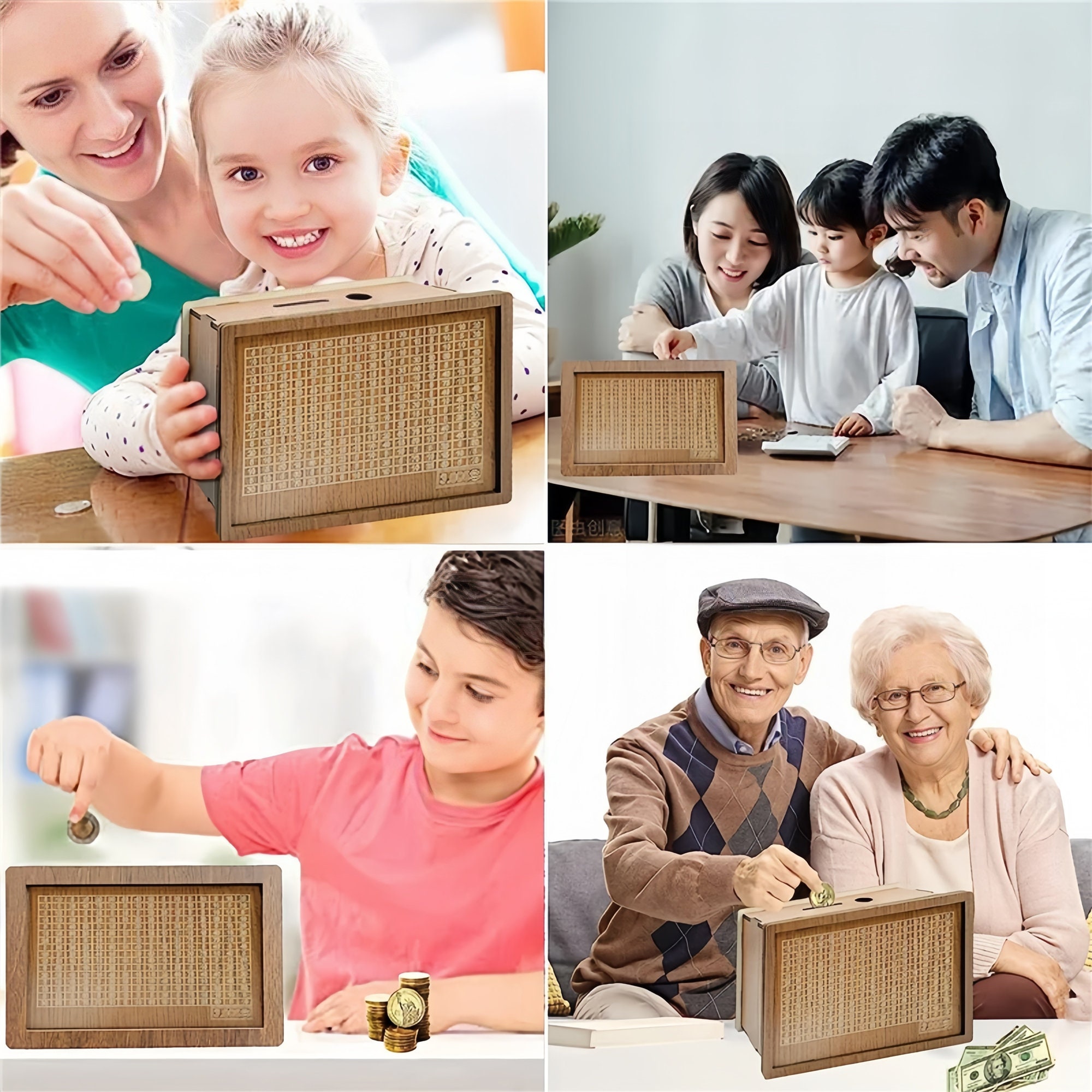Wooden Money Box,Piggy Bank for Adults Kids,Wooden savings box,(savings goal: 1000/2000/3000/5000 ) euros,dollars, pounds,birthday present