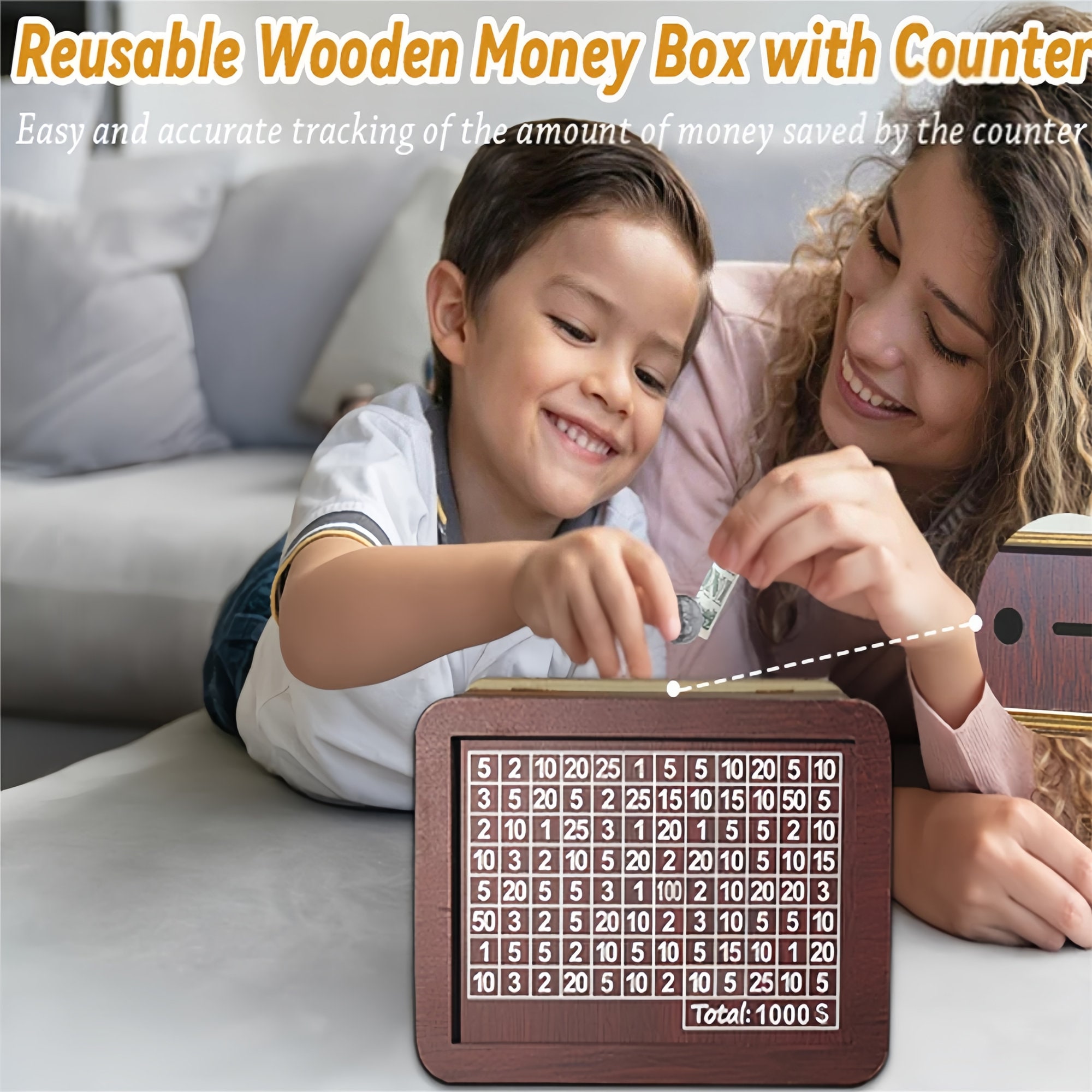 Wooden Money Box,Piggy Bank for Adults Kids,Wooden savings box,(savings goal: 1000/2000/3000/5000 ) euros,dollars, pounds,birthday present