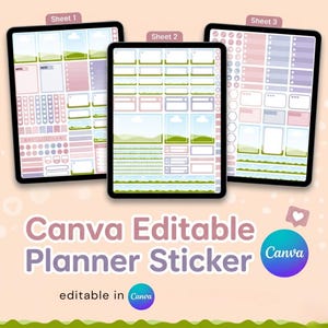 Puede incluir: Tres plantillas de planificador digital mostradas en tabletas. Cada tableta muestra un diseño diferente con varias secciones para notas, listas y elementos decorativos. El texto "Canva Editable Planner Sticker" es visible, junto con el logotipo de Canva.