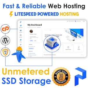 May include: An advertisement for web hosting services. The image features a computer screen displaying a dashboard, along with icons for cPanel, WordPress, and SSL. Text includes "Fast & Reliable Web Hosting" and "Unmetered SSD Storage."