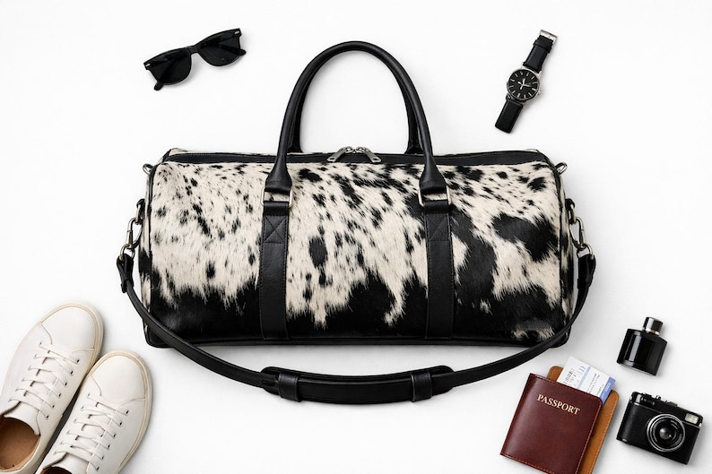 May include: A black and white cowhide duffel bag with black leather handles and a detachable shoulder strap. The bag is surrounded by white trainers, black sunglasses, a wristwatch, a brown passport holder, a small black bottle, and a camera.