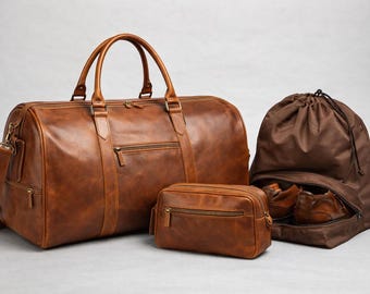 May include: A collection of brown leather travel bags. It includes a large duffel bag with handles and a shoulder strap, a small wash bag, and a drawstring shoe bag. The bags are made of brown leather.