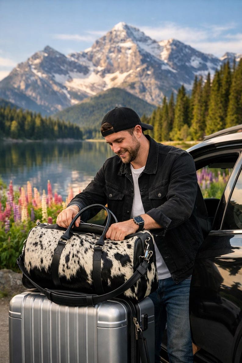 May include: A duffel bag featuring a black and white cowhide pattern with black leather handles, a detachable shoulder strap, and silver-toned metal hardware. The bag is positioned on top of a silver hard-shell suitcase with vertical grooves.