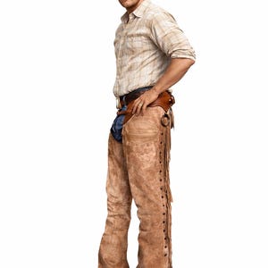 Puede incluir: Un hombre con una camisa a cuadros, vaqueros azules y chaps de ante marrón con flecos y botones. También lleva un cinturón y botas de cuero marrón. El atuendo tiene un tema del oeste.