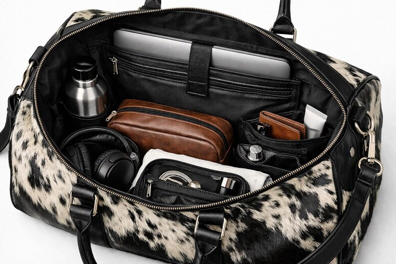 May include: A duffel bag with a black and white cow print pattern featuring black leather handles and trim. The interior is open, revealing a laptop compartment, a silver water bottle, a brown pouch, black headphones, and small organisers.
