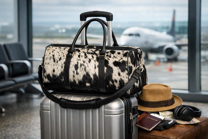 May include: A black and white cowhide duffel bag with black leather handles and a shoulder strap, resting on a silver metallic rolling suitcase. Beside the suitcase are a tan fedora hat, a brown passport holder, and black over-ear headphones.