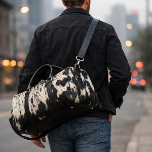 May include: A duffel bag featuring a black and white cowhide pattern with black leather trim, black handles, and a detachable black shoulder strap. The bag has a structured base with metal feet and silver-toned hardware attachments for the strap.