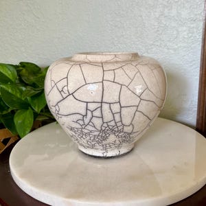 Vintage Unsigned Raku Studio Pottery Vase - White Crackle Glaze Modernist Vessel