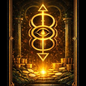 以下が含まれることがあります： 黒い背景と金のアクセントのタロットカードイラスト。カードの上部には「888 - THE MONEY GATE」の文字。画像は、目のある中心的なシンボル、柱に挟まれた階段、金貨の山を描いています。