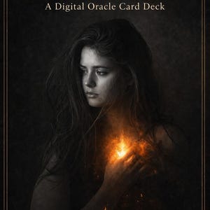 Puede incluir: Baraja de cartas de oráculo digital titulada "WHOLE FLAME" con una mujer en la imagen. La mujer tiene el pelo largo y oscuro y sostiene una llama brillante cerca de su pecho. La imagen tiene una estética oscura y melancólica.