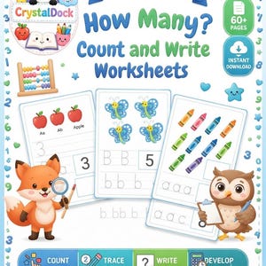 May include: Educational worksheet set titled How Many? Count and Write Worksheets for ages 3-6. Features a panda logo, a fox with a magnifying glass, an owl with a clipboard, and pages showing apples, butterflies, and crayons for counting and tracing.