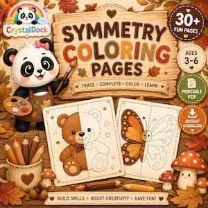 May include: A digital symmetry coloring book cover featuring a panda holding a paintbrush, a wooden sign with the text SYMMETRY COLORING PAGES, two activity sheets showing a half-colored bear and butterfly, and various autumn-themed decorations.