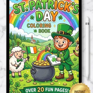Puede incluir: Una tableta muestra un libro para colorear digital del Día de San Patricio. La portada presenta un duende, un arcoíris y una olla de oro. El texto incluye "St. Patrick's Day Coloring Book" y "Over 20 Fun Pages!"